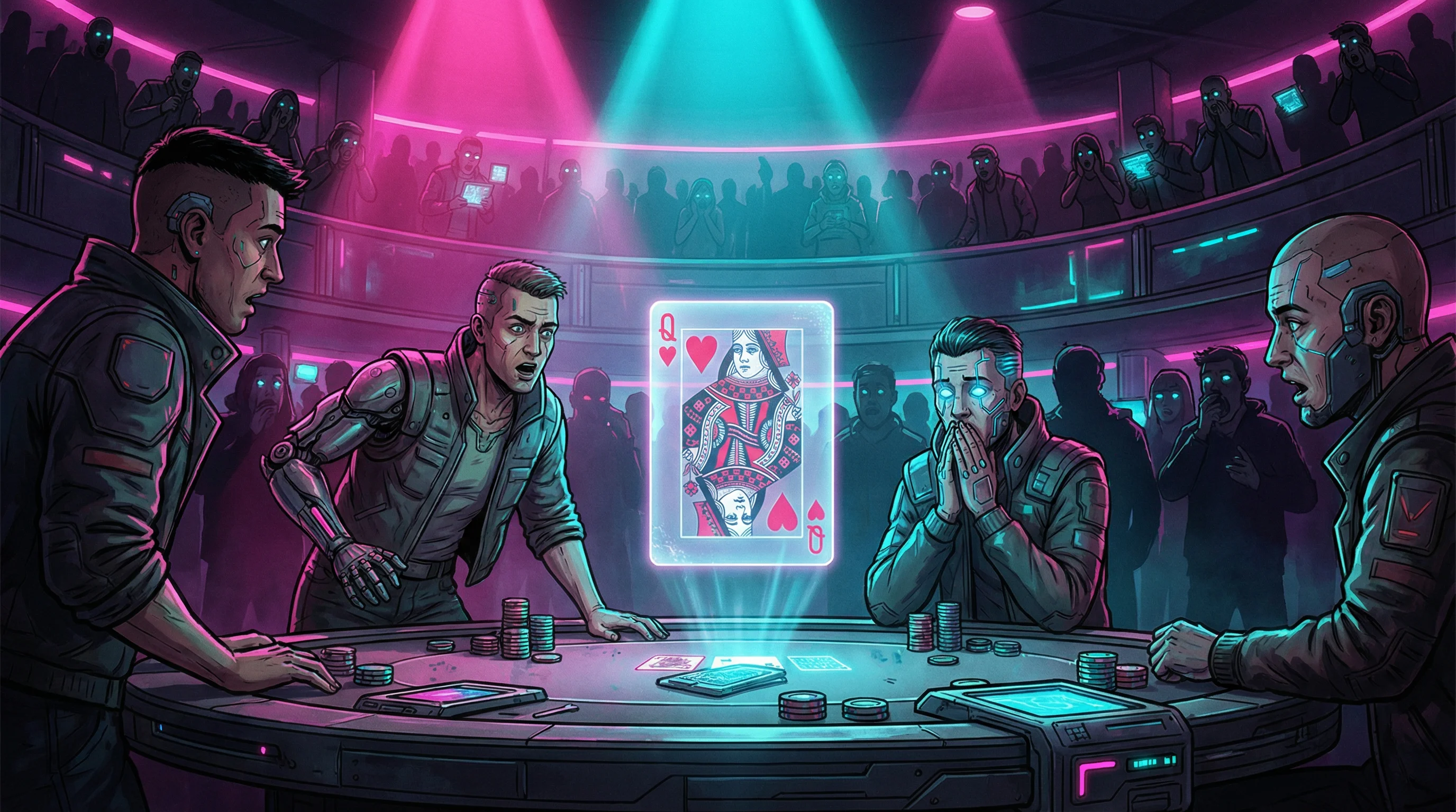 一个衣着考究的男人在昏暗的房间里，面前是堆积如山的筹码